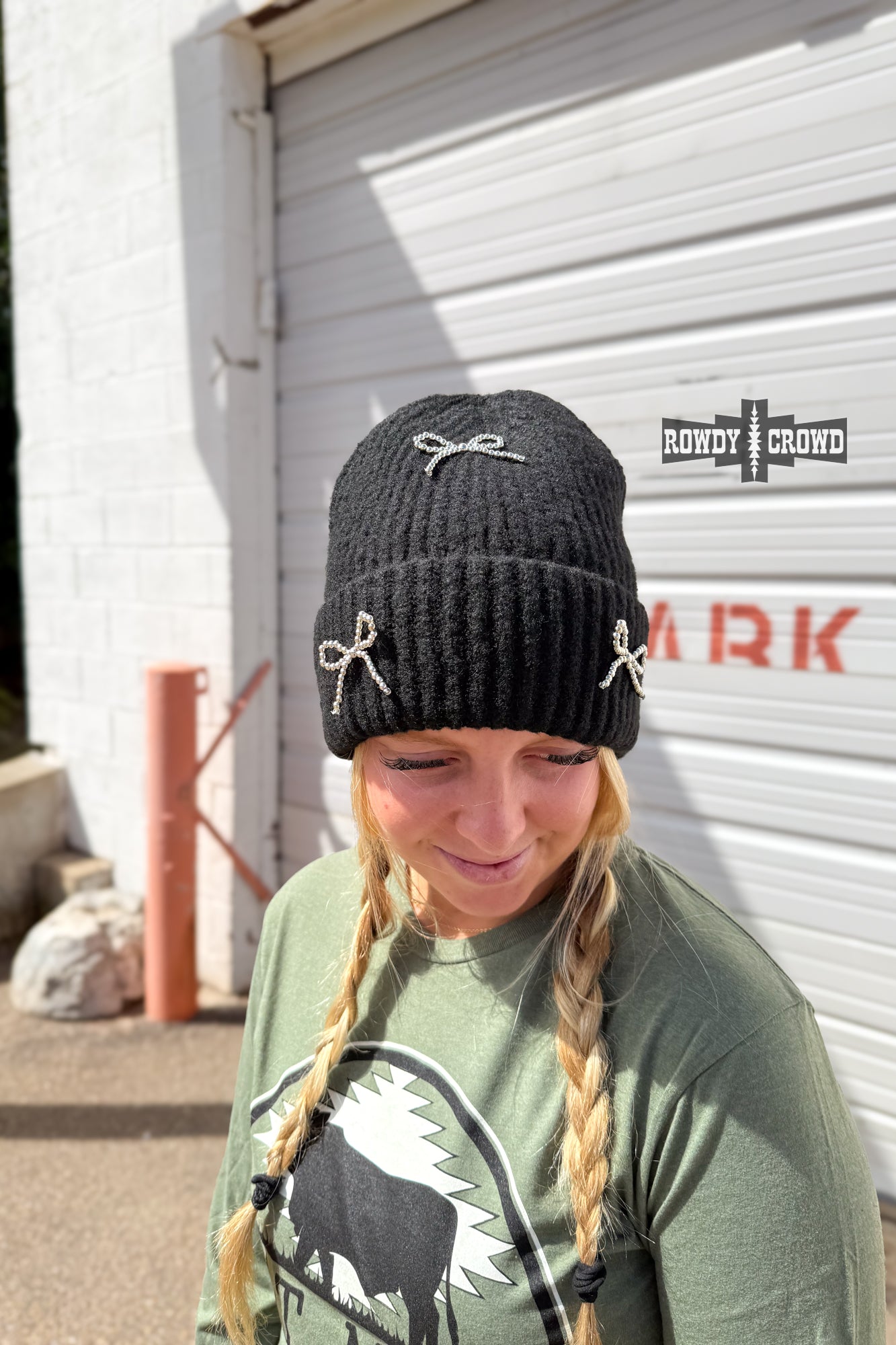 Rowdy Crowd  black knit beanie with bow designs