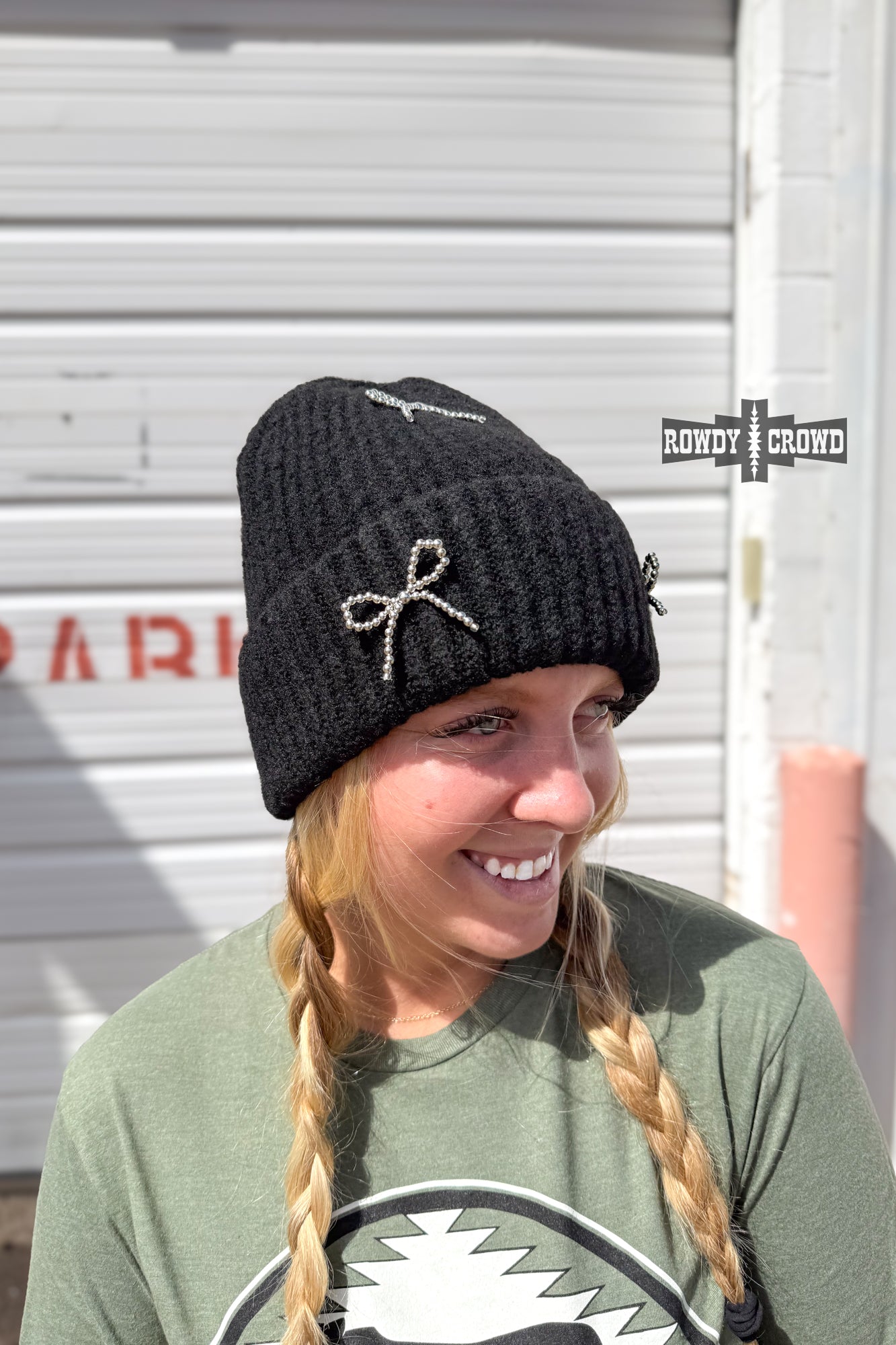 Rowdy Crowd  black knit beanie with bow designs
