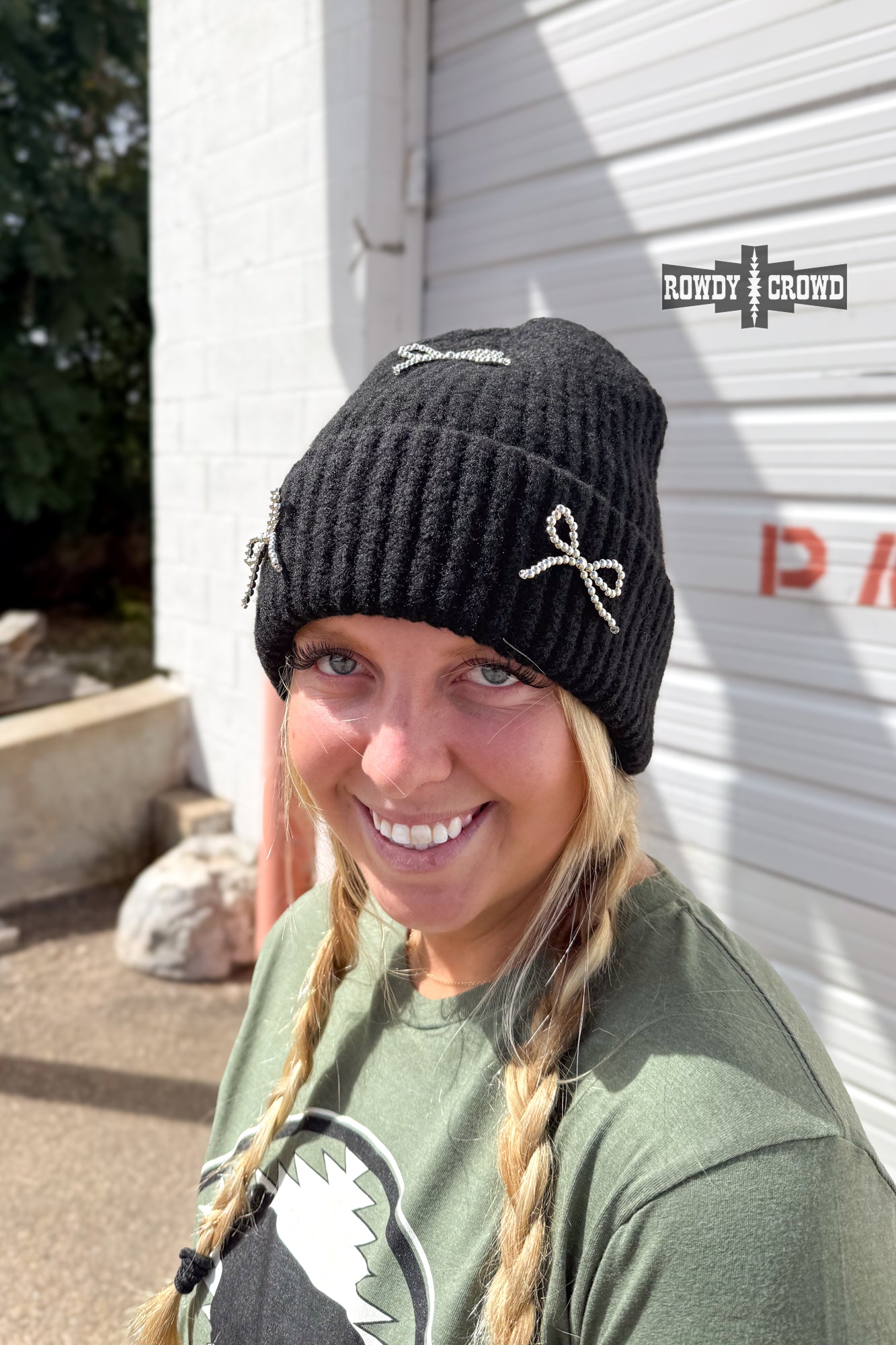 Rowdy Crowd  black knit beanie with bow designs