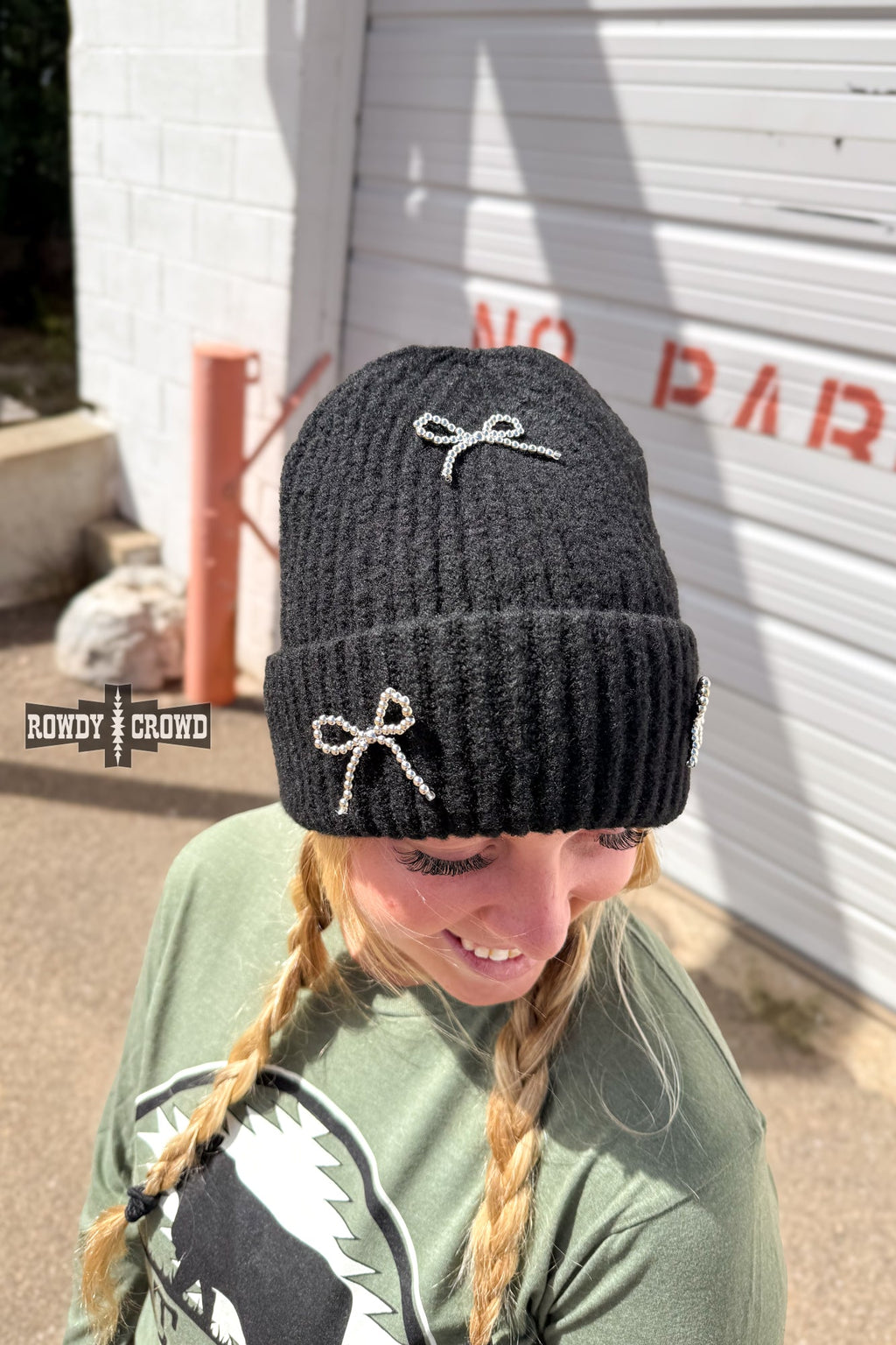 Rowdy Crowd  black knit beanie with bow designs