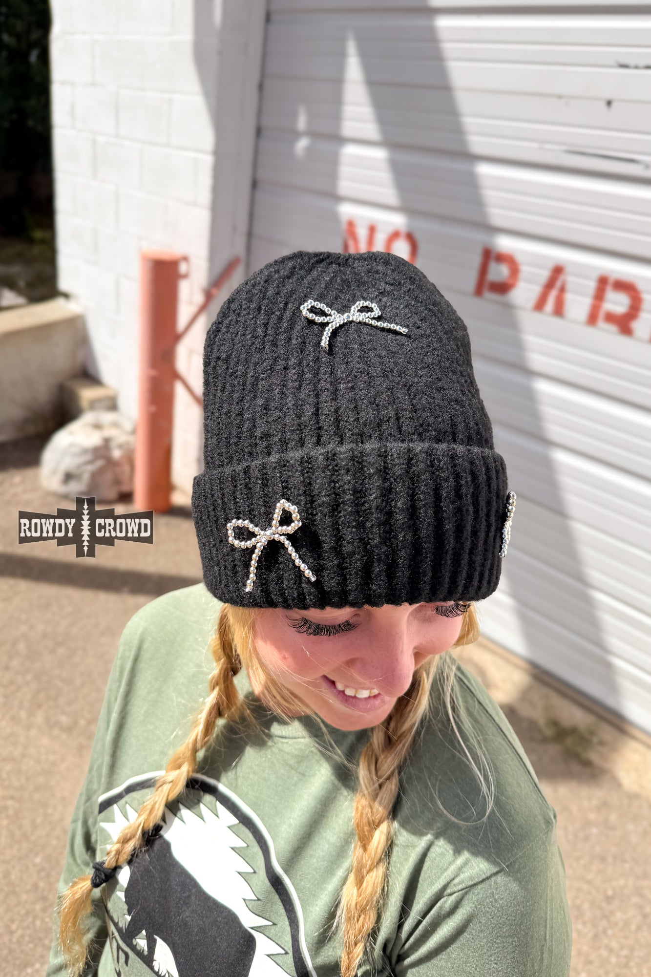 Rowdy Crowd  black knit beanie with bow designs