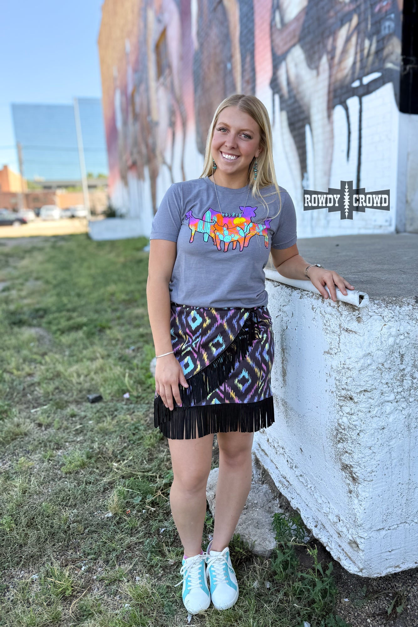 Colorful graphic and a patterned Rowdy Crowd Far Off Fringe skirt