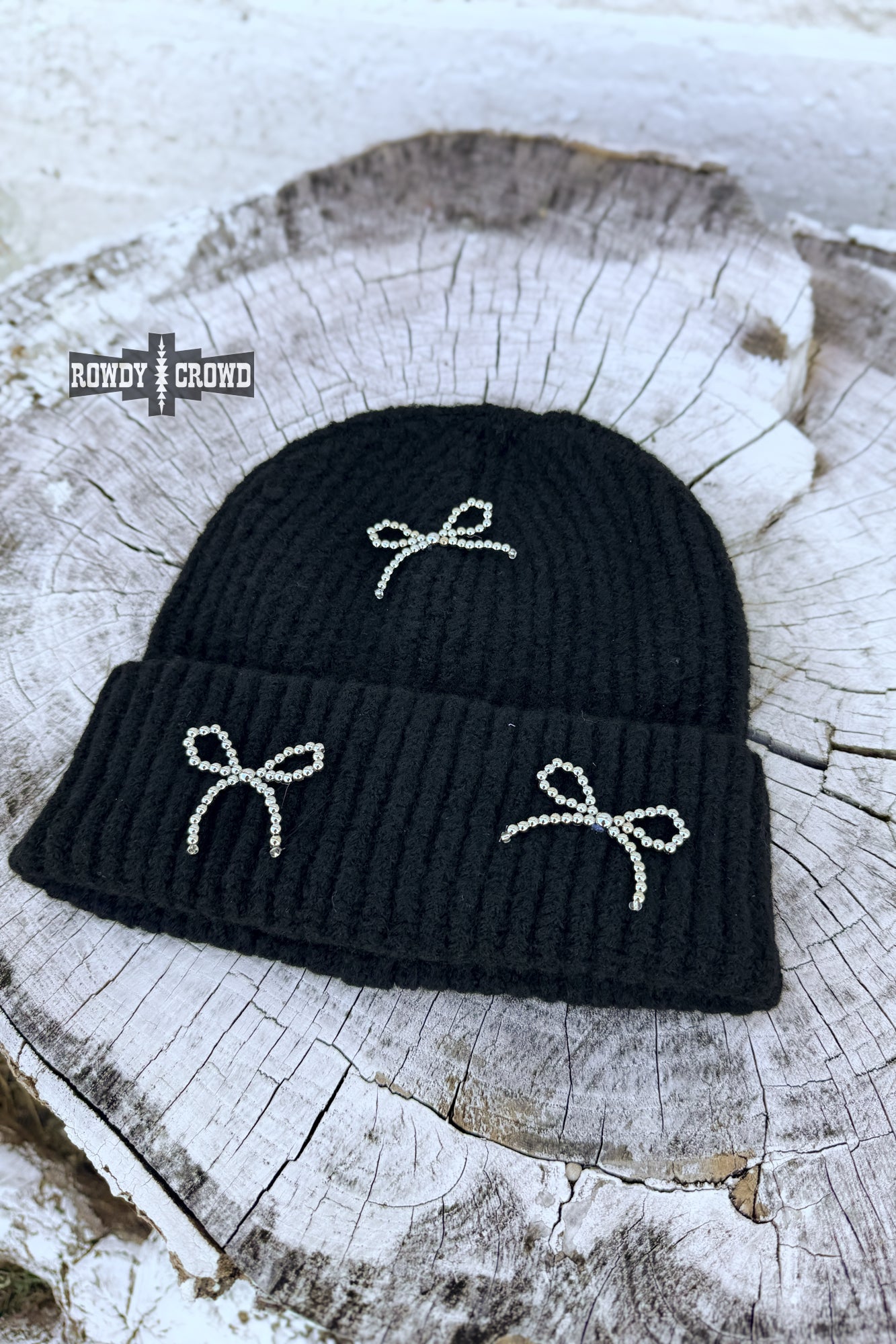 Rowdy Crowd  black knit beanie with bow designs