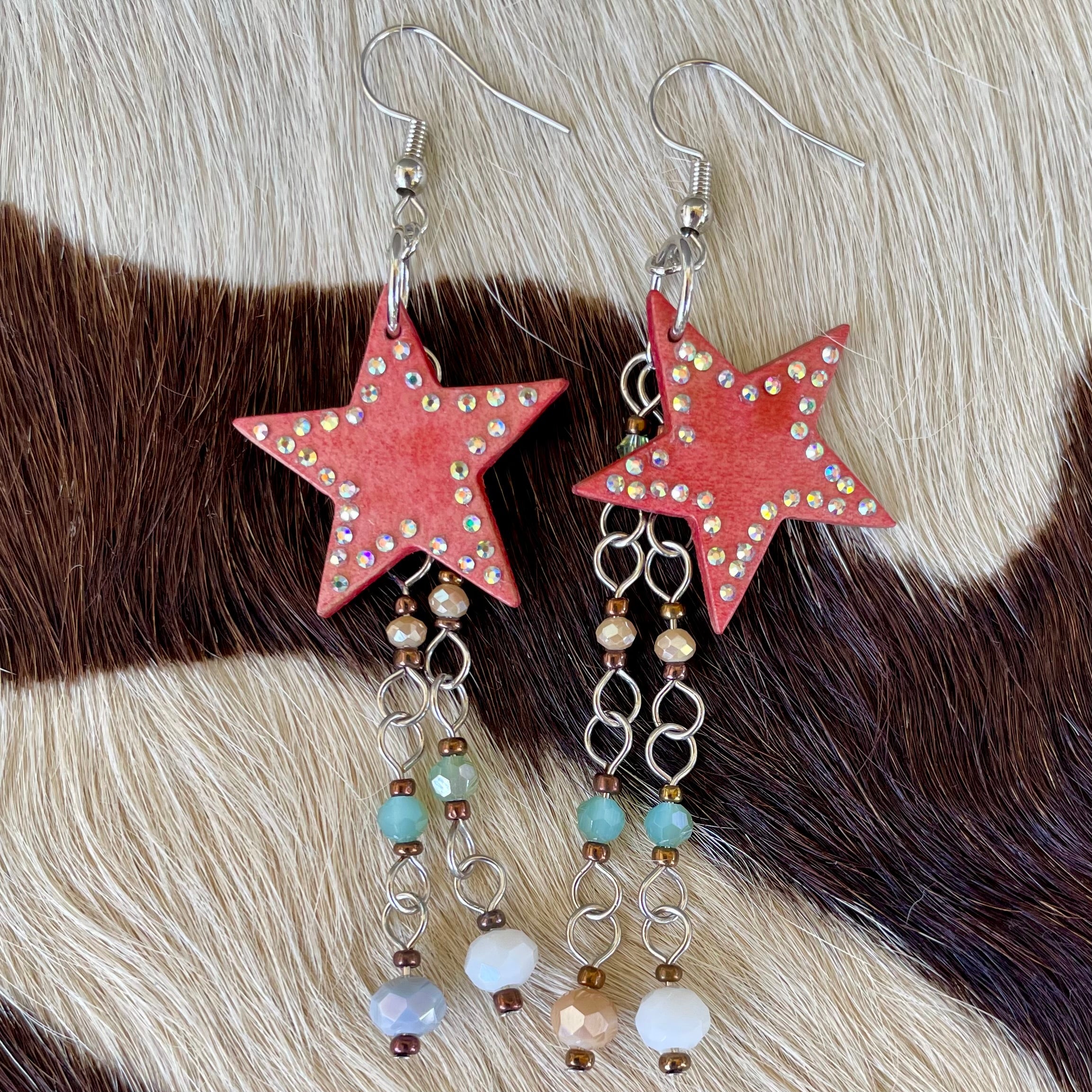 Starburst Leather Star Earrings in Coral Blush - Western Cowgirl Jewelry