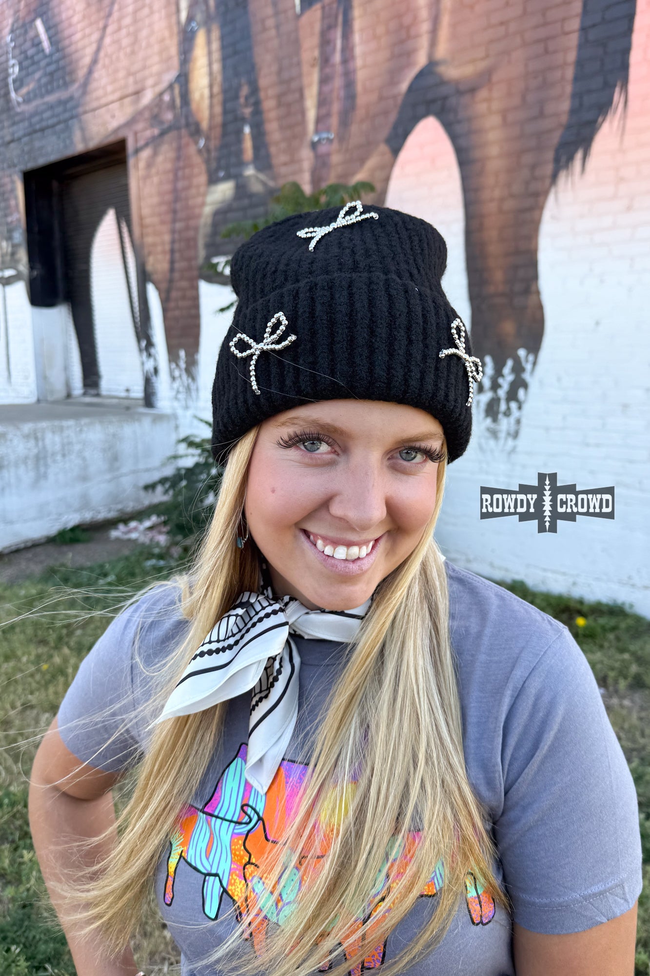 Rowdy Crowd  black knit beanie with bow designs