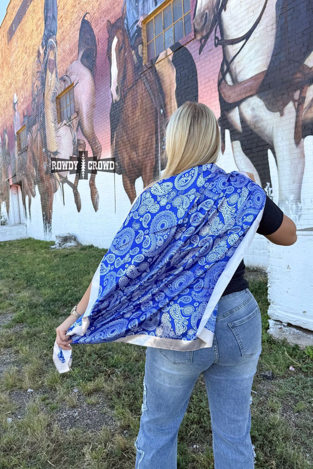 Rowdy Crowd Bold blue meets classic paisley in the Cowgirl Paisley Wild Rag. With cream trim and smooth finish