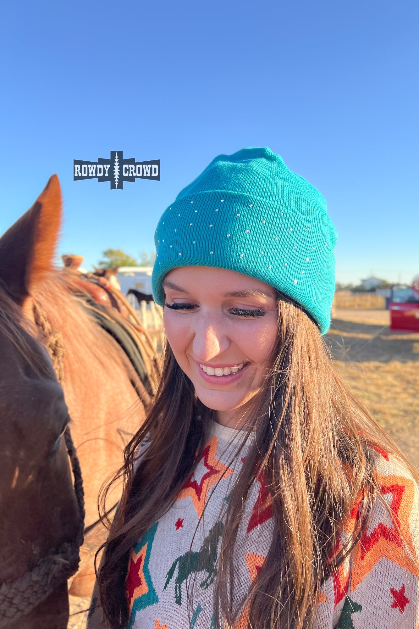 Rowdy Crowd Turquoise Shine Bright Rhinestone Beanie  
