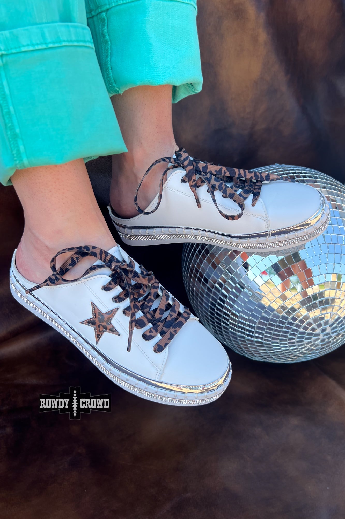 Rowdy Crowd Silver Spring Slides sneakers with star design and leopard print accents 