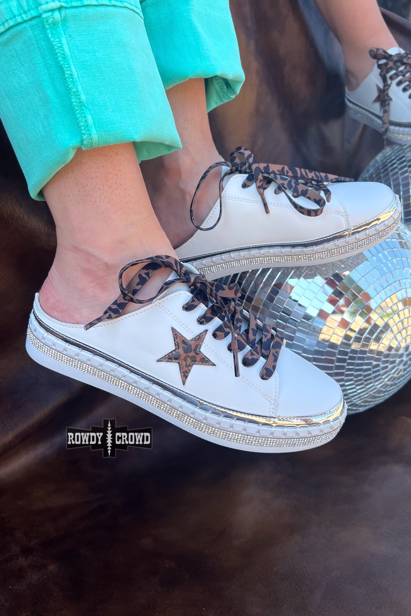 Rowdy Crowd Silver Spring Slides sneakers with star design and leopard print accents 