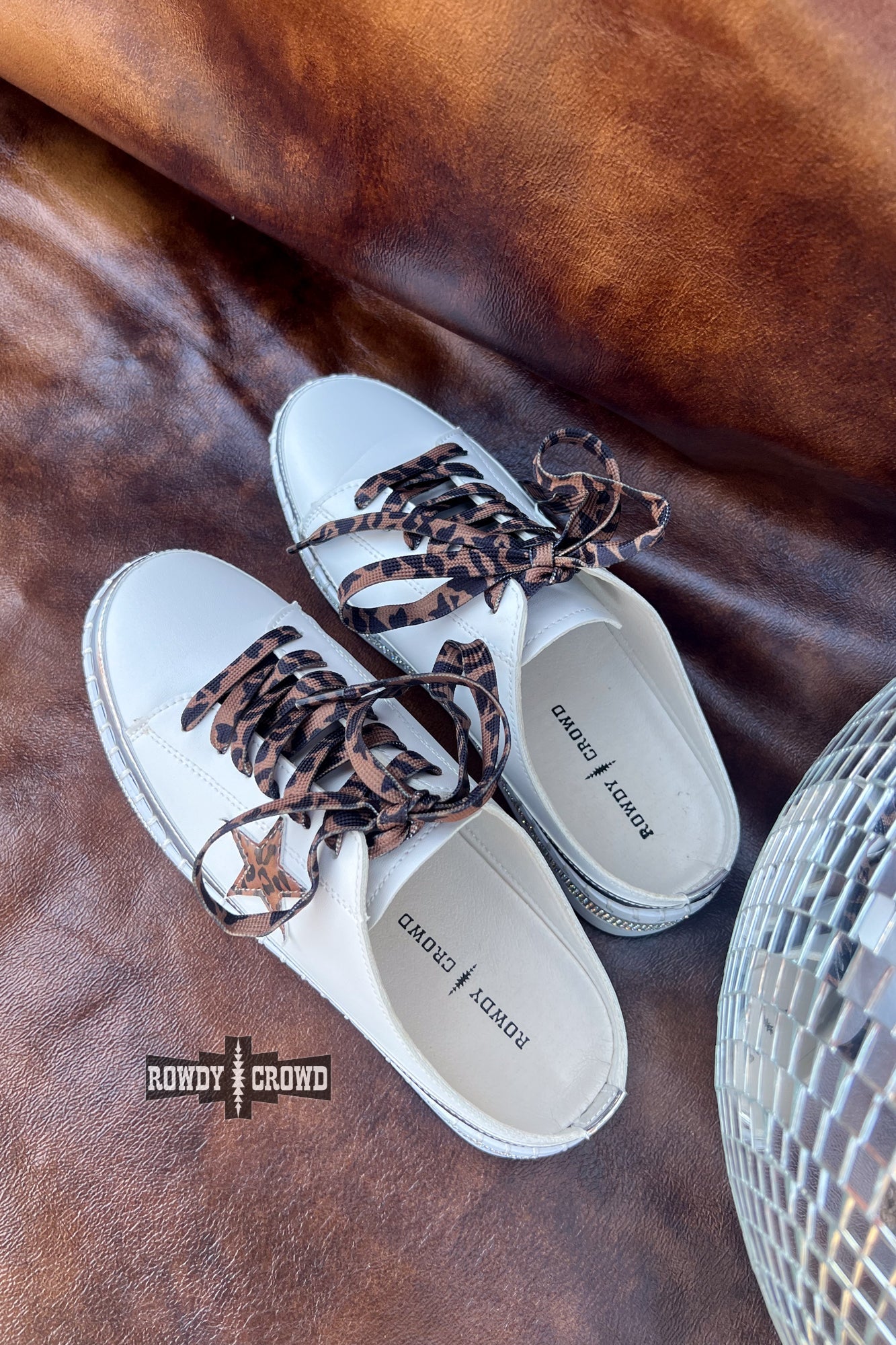 Rowdy Crowd Silver Spring Slides sneakers with star design and leopard print accents 