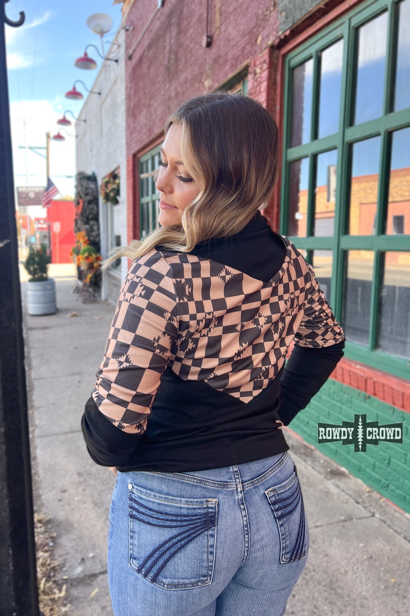 Rowdy Crowd Check Me Out Pullover bold checkered design with intricate Aztec details in taupe and black
