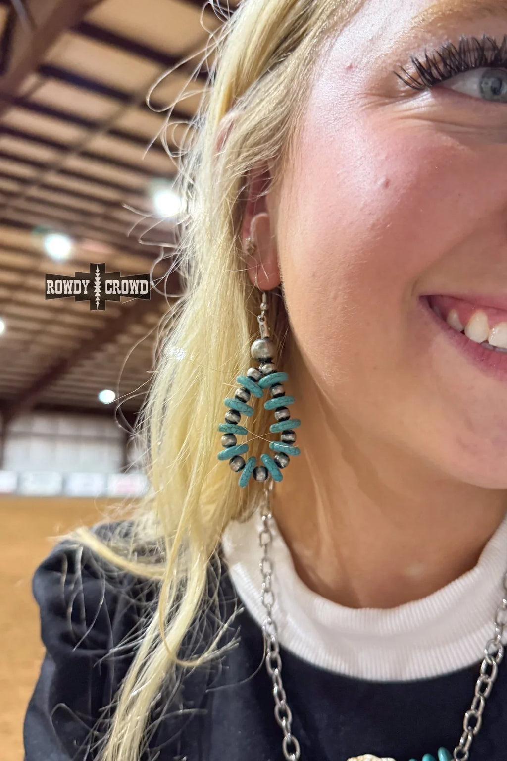 Handmade western cowgirl earrings with turquoise beads and silver pearls, rustic charm accessory