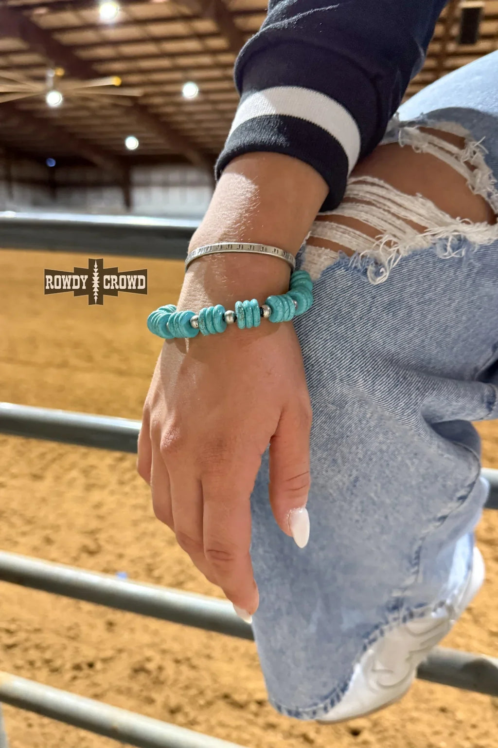 Handmade western cowgirl bracelet with turquoise beads and silver pearls, rustic charm accessory