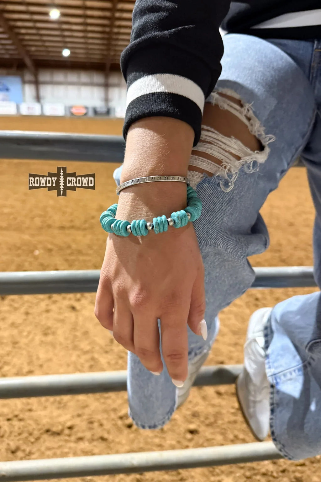 Bandero Bracelet with turquoise discs and silver pearls, western cowgirl jewelry handmade in Amarillo