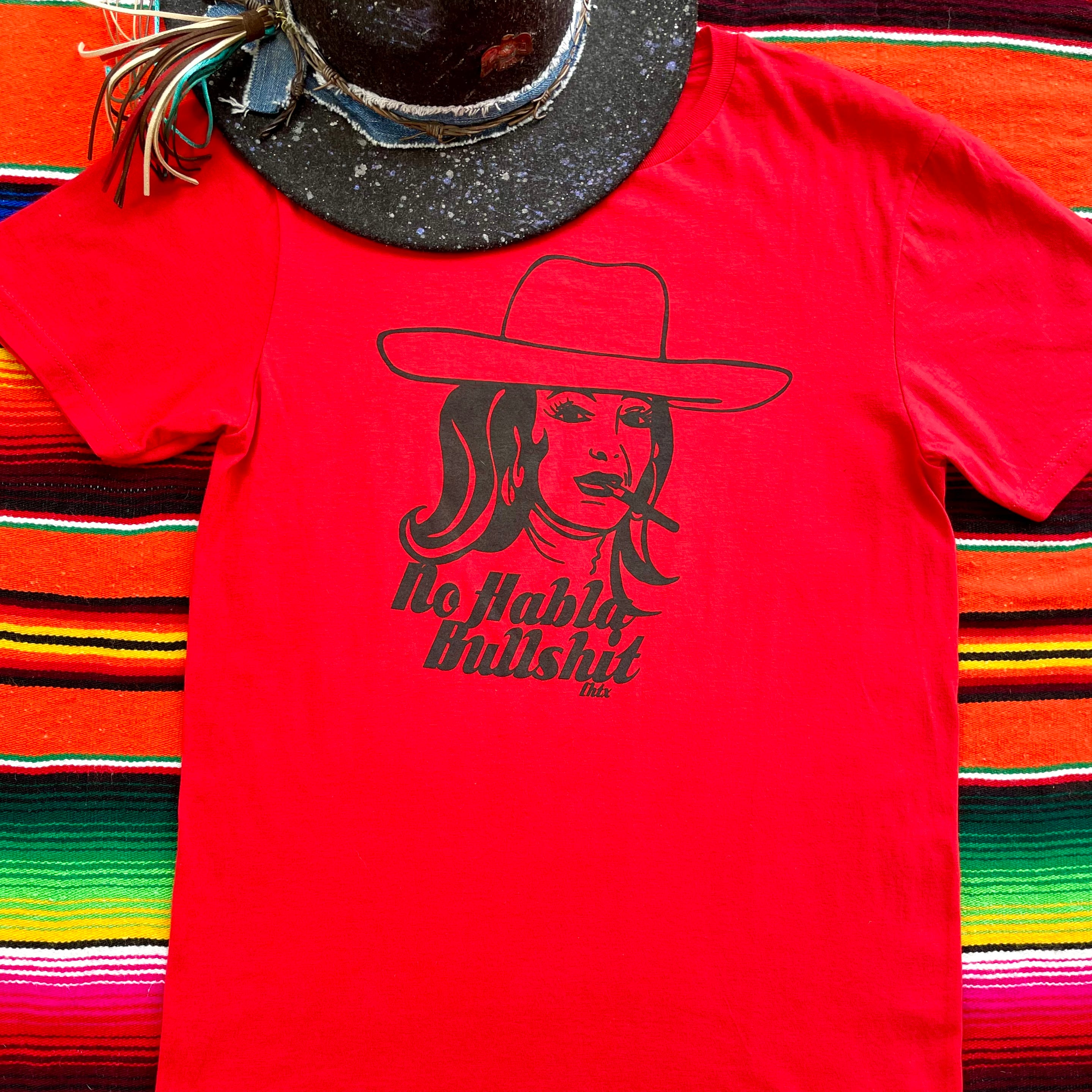 Red 100% cotton western graphic tee featuring hand-drawn María Félix artwork by LHTX, bold NO HABLA BULLSHIT slogan, Texas cowgirl fashion with San Antonio attitude.