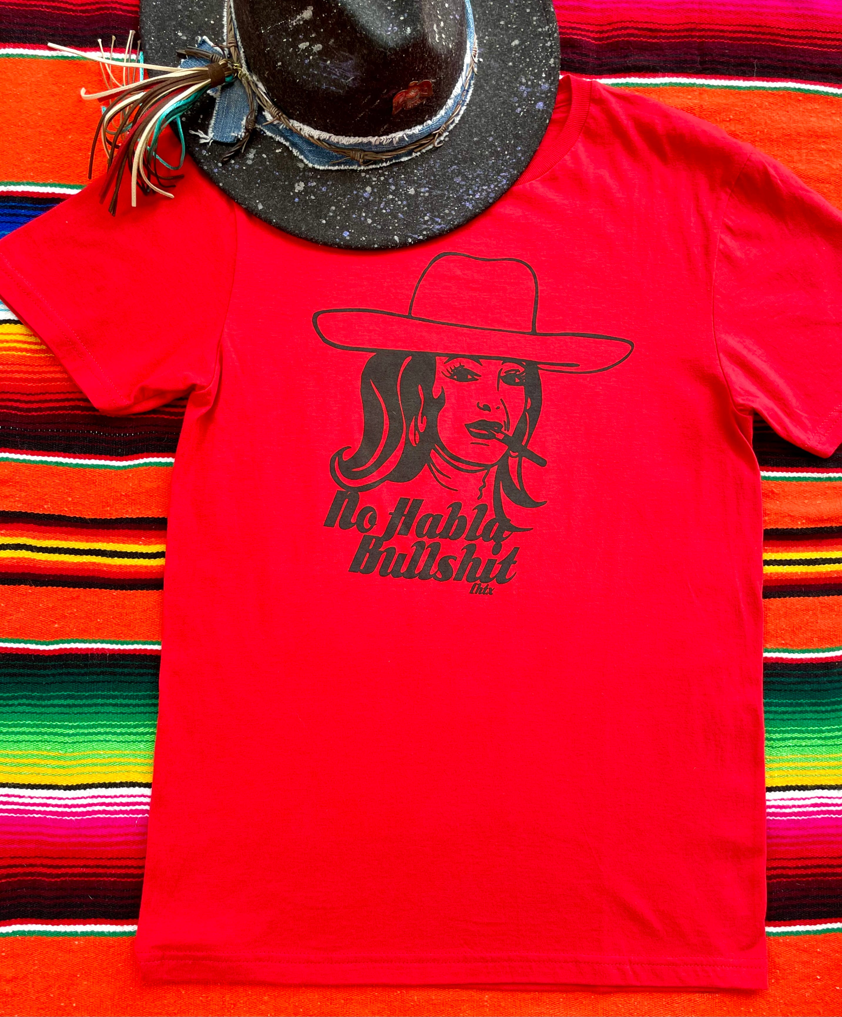 Red 100% cotton western graphic tee featuring hand-drawn María Félix artwork by LHTX, bold NO HABLA BULLSHIT slogan, Texas cowgirl fashion with San Antonio attitude.