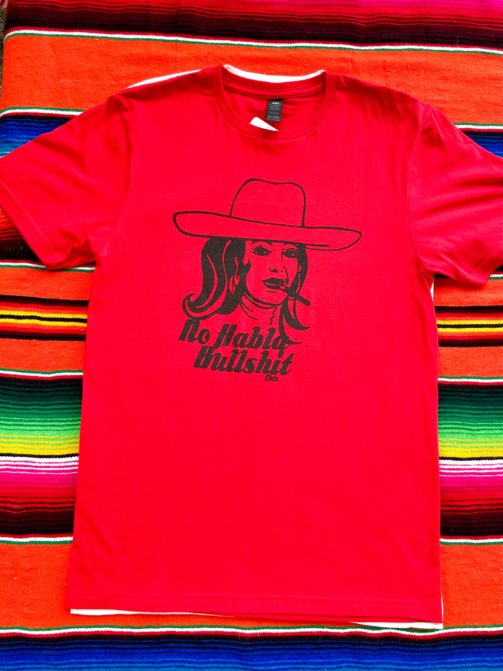 Red 100% cotton western graphic tee featuring hand-drawn María Félix artwork by LHTX, bold NO HABLA BULLSHIT slogan, Texas cowgirl fashion with San Antonio attitude.