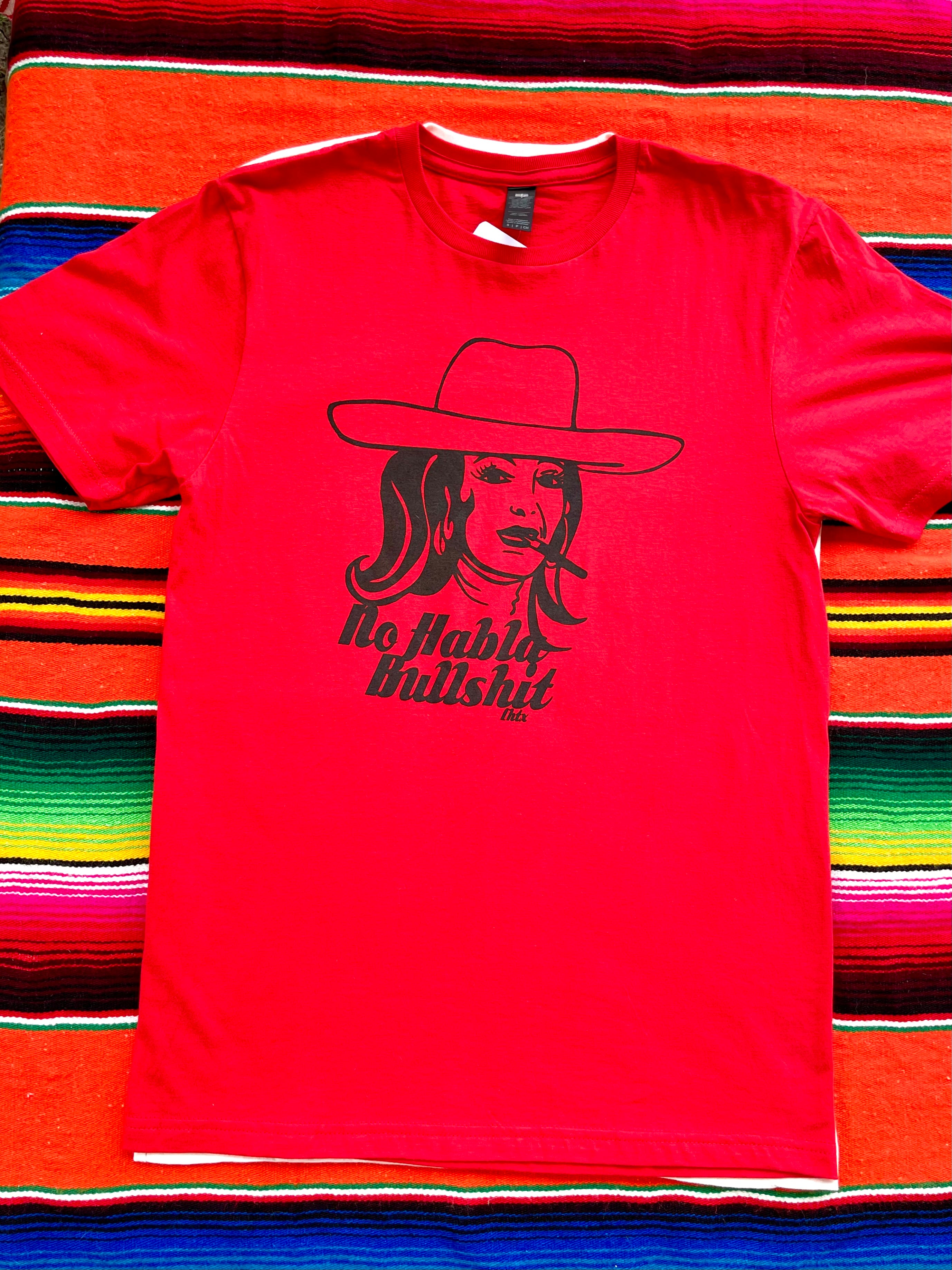 Red 100% cotton western graphic tee featuring hand-drawn María Félix artwork by LHTX, bold NO HABLA BULLSHIT slogan, Texas cowgirl fashion with San Antonio attitude.