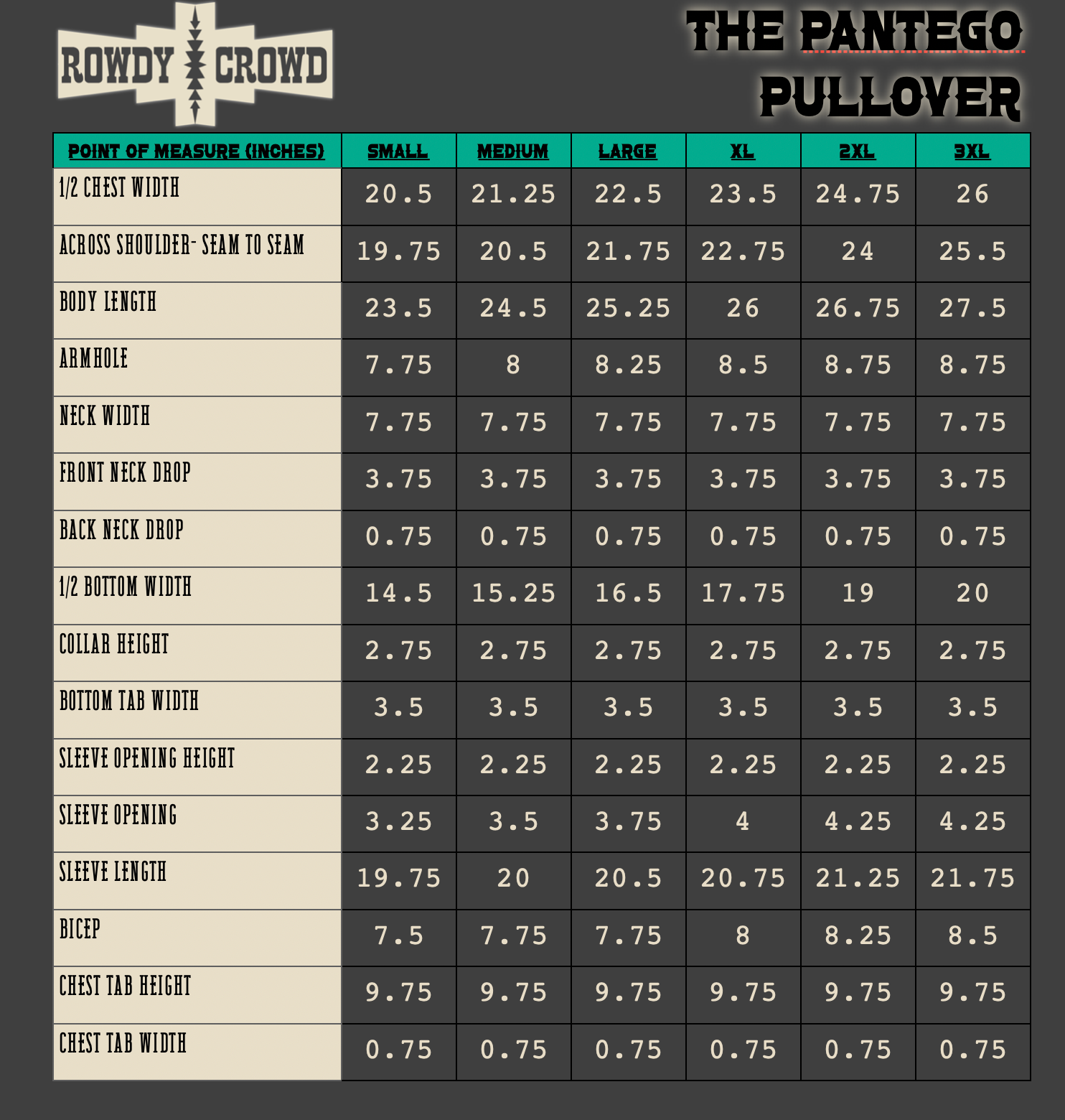 Measurement chart for Pantego Pullover with size chart on a dark background