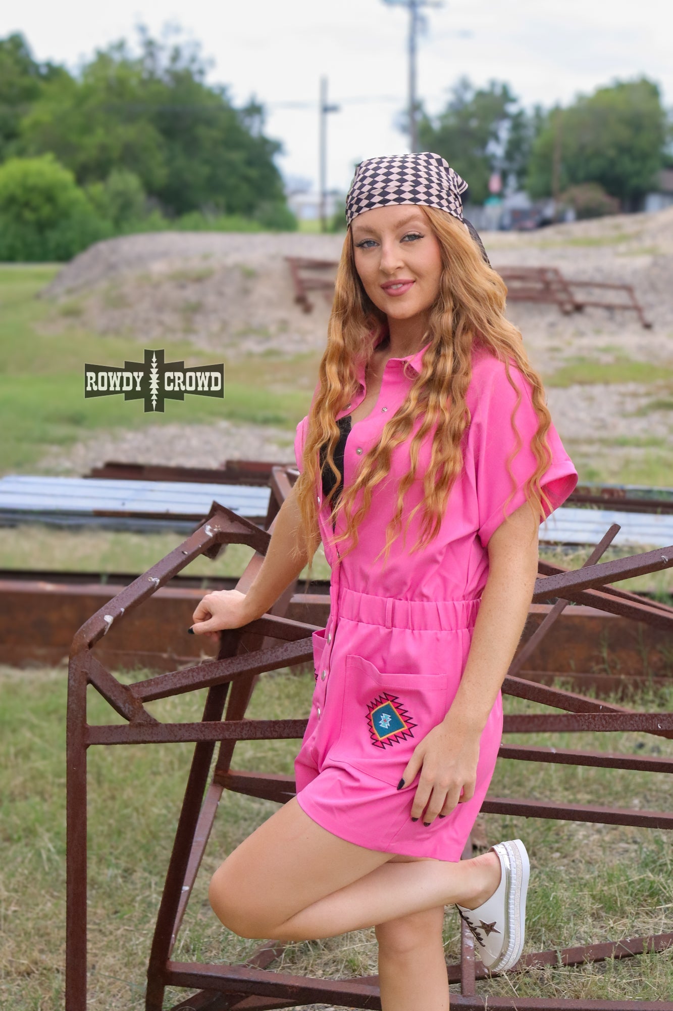 Rowdy Crowd The Kiss Romper pink adorned with Native American geometrics 