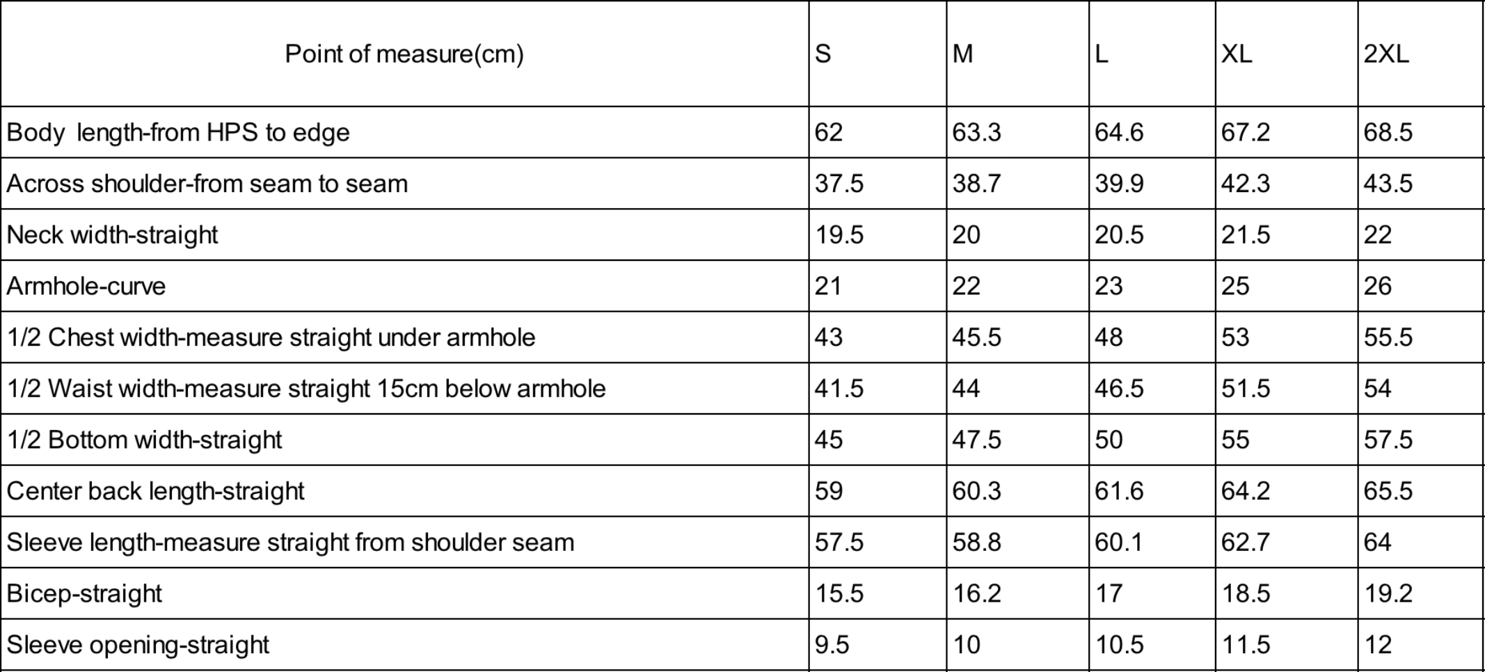 Measurement chart for clothing sizes S to 2XL with various points of measurement.