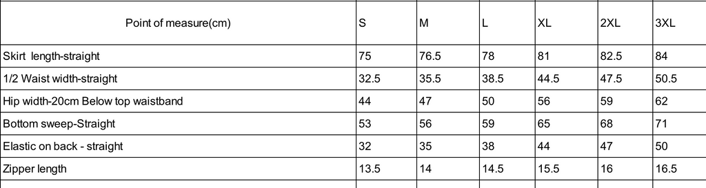 Measurement chart for skirt sizes S to 3XL with various dimensions.
