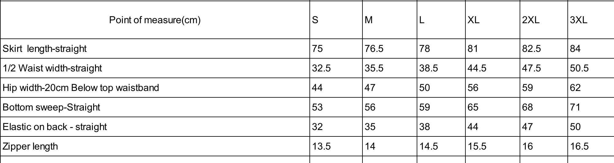 Measurement chart for skirt sizes S to 3XL with various dimensions.