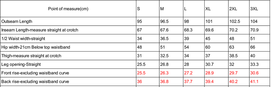 Measurement chart for clothing sizes S to 3XL with various dimensions in centimeters.