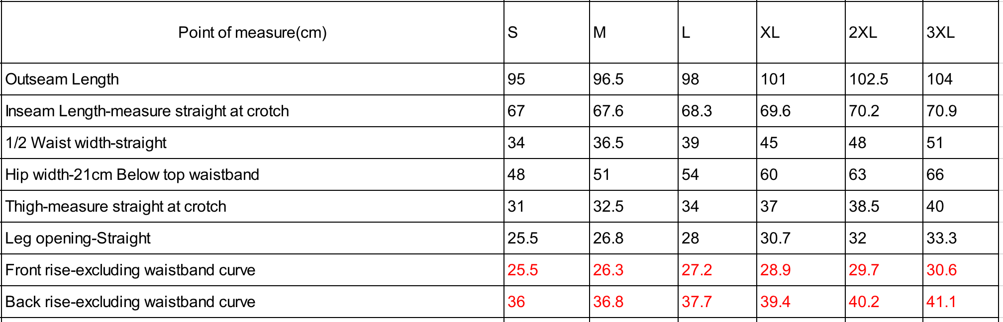 Measurement chart for clothing sizes S to 3XL with various dimensions in centimeters.