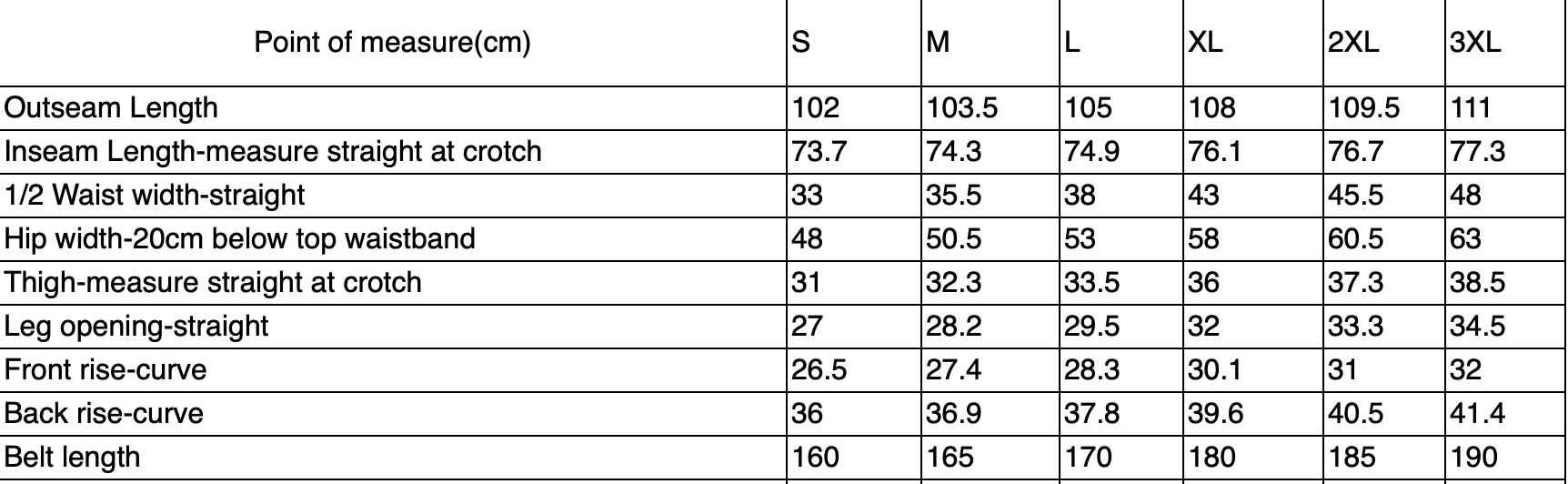Measurement chart for clothing sizes S to 3XL with various dimensions.