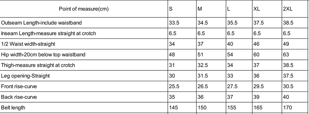 Measurement chart for clothing sizes S to 2XL with various dimensions.