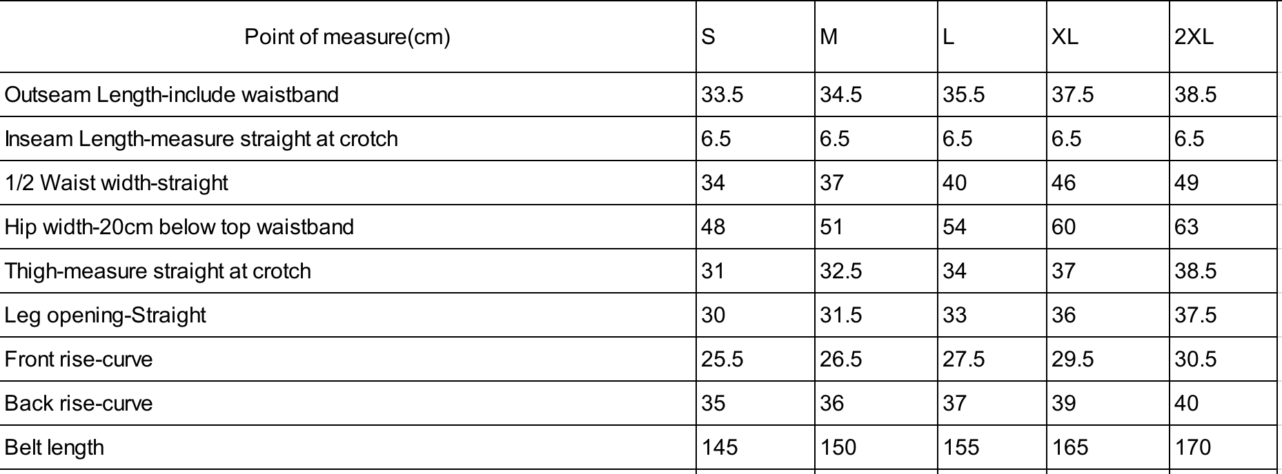 Measurement chart for clothing sizes S to 2XL with various dimensions.