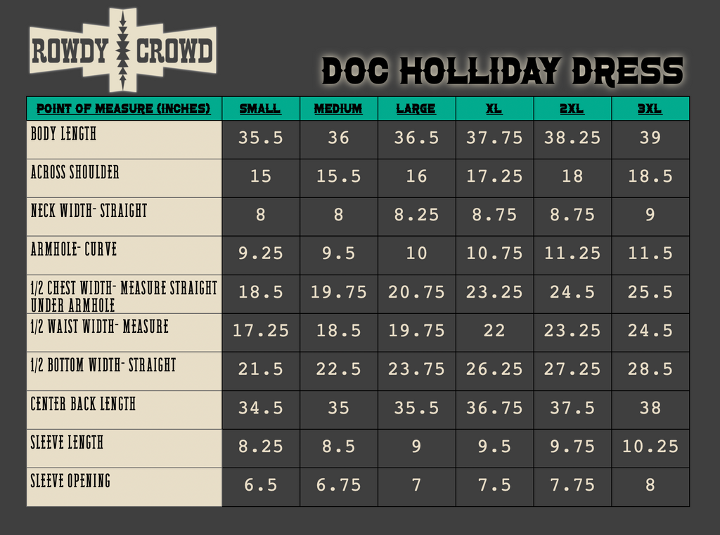 Measurement chart for 'Doc Holliday Dress' by Rowdy Crowd with size specifications.