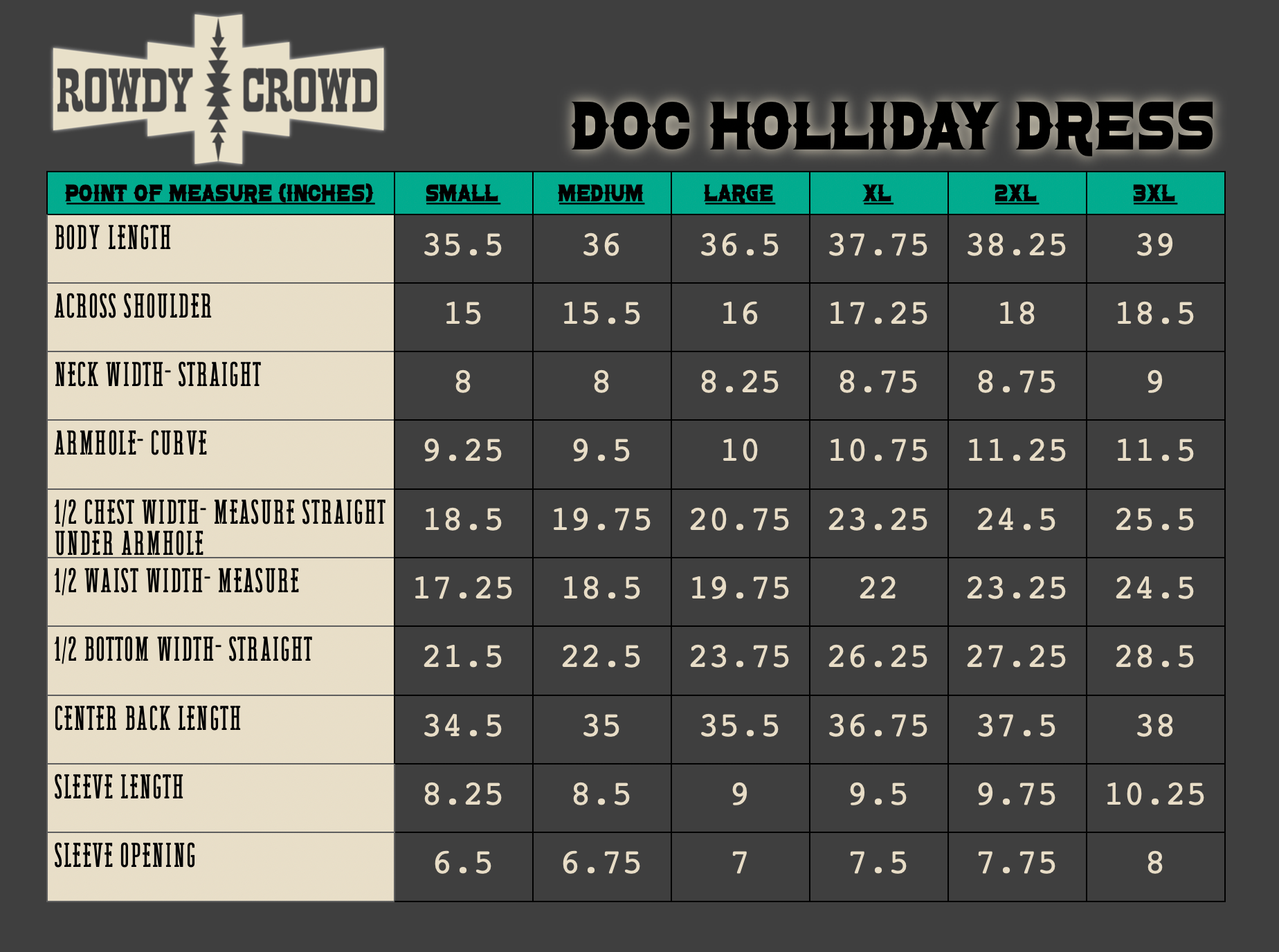 Measurement chart for 'Doc Holliday Dress' by Rowdy Crowd with size specifications.