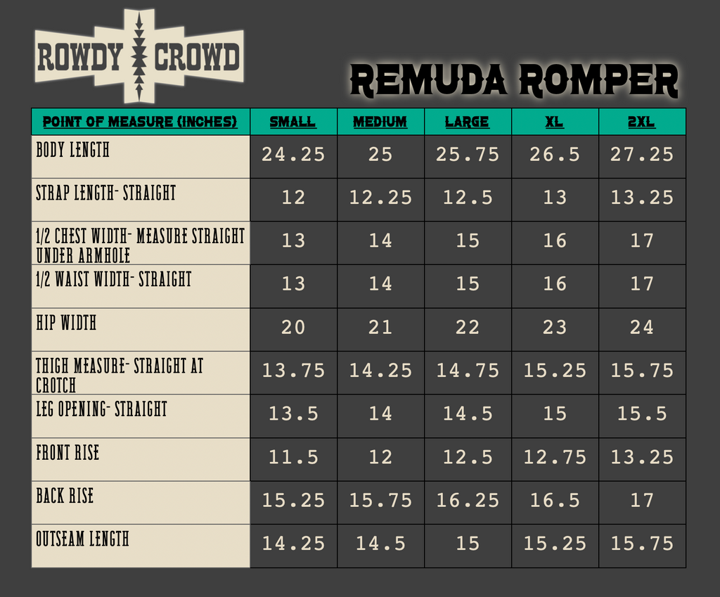 Measurement chart for Remuda Romper by Rowdy Crowd with size chart on a dark background