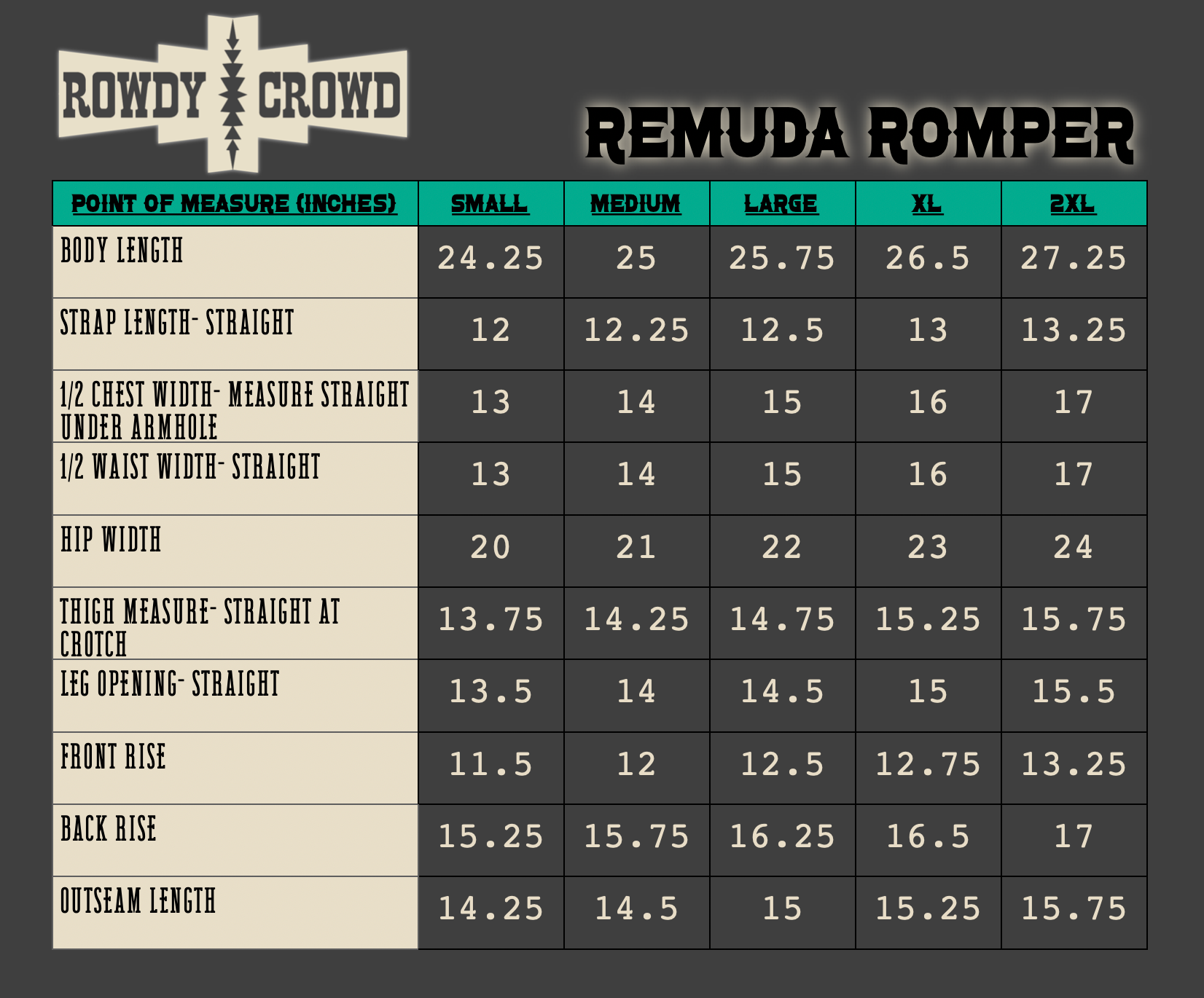 Measurement chart for Remuda Romper by Rowdy Crowd with size chart on a dark background