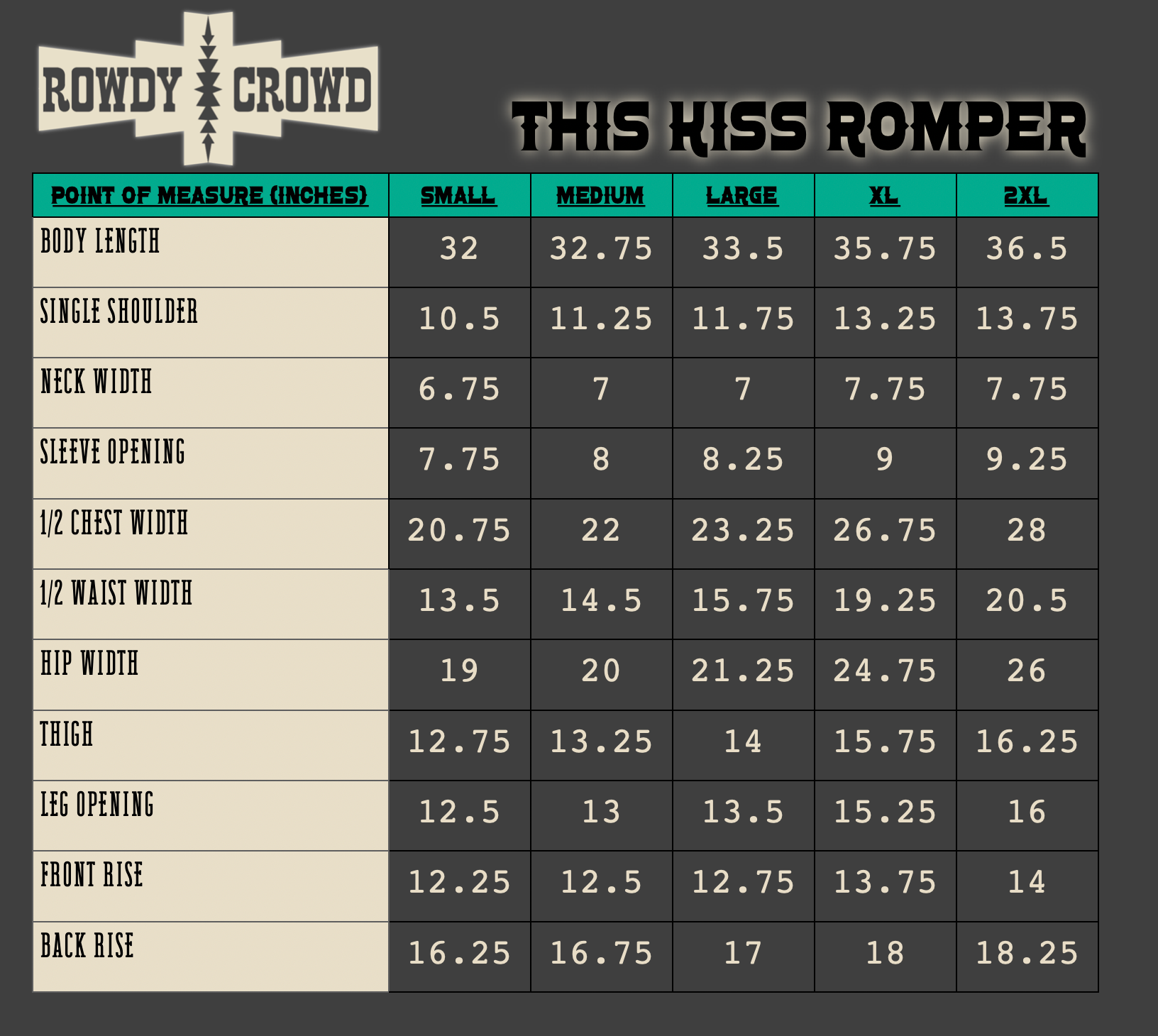 Measurement chart for 'This Kiss Romper' by Rowdy Crowd with size measurements.