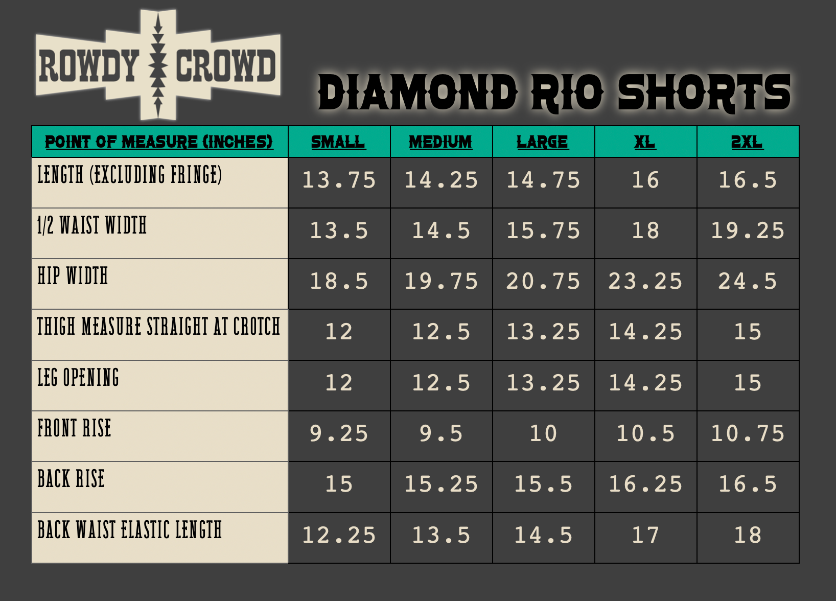 Diamond Rio Shorts size chart with Rowdy Crowd branding on a dark background