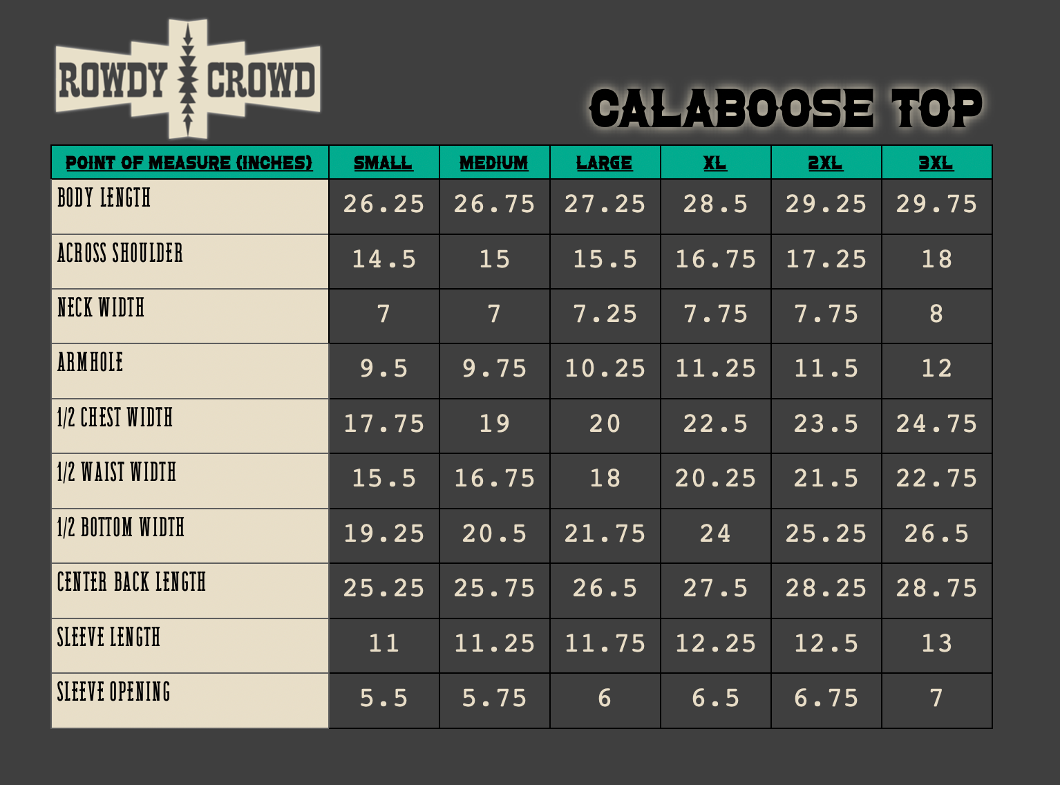 Size chart for Rowdy Crowd Calaboose Top on a dark background