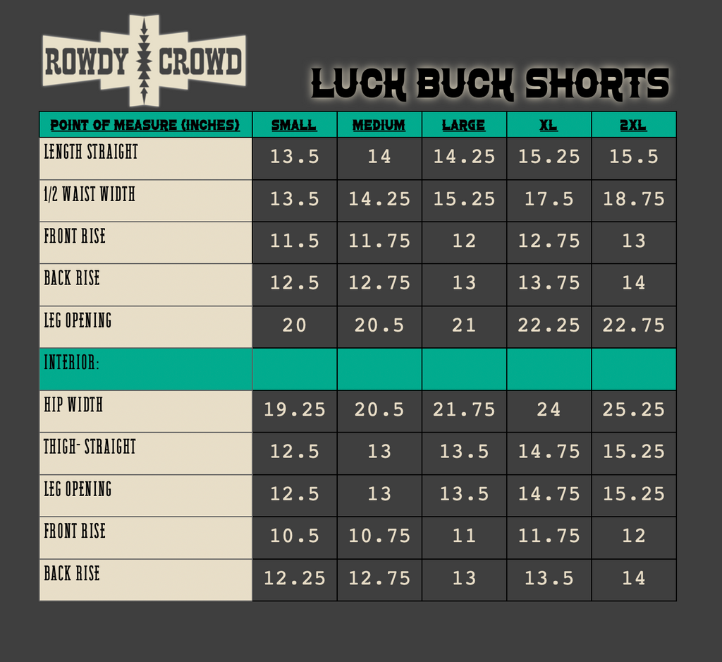 Measurement chart for Luck Buck Shorts by Rowdy Crowd with size chart on a dark background