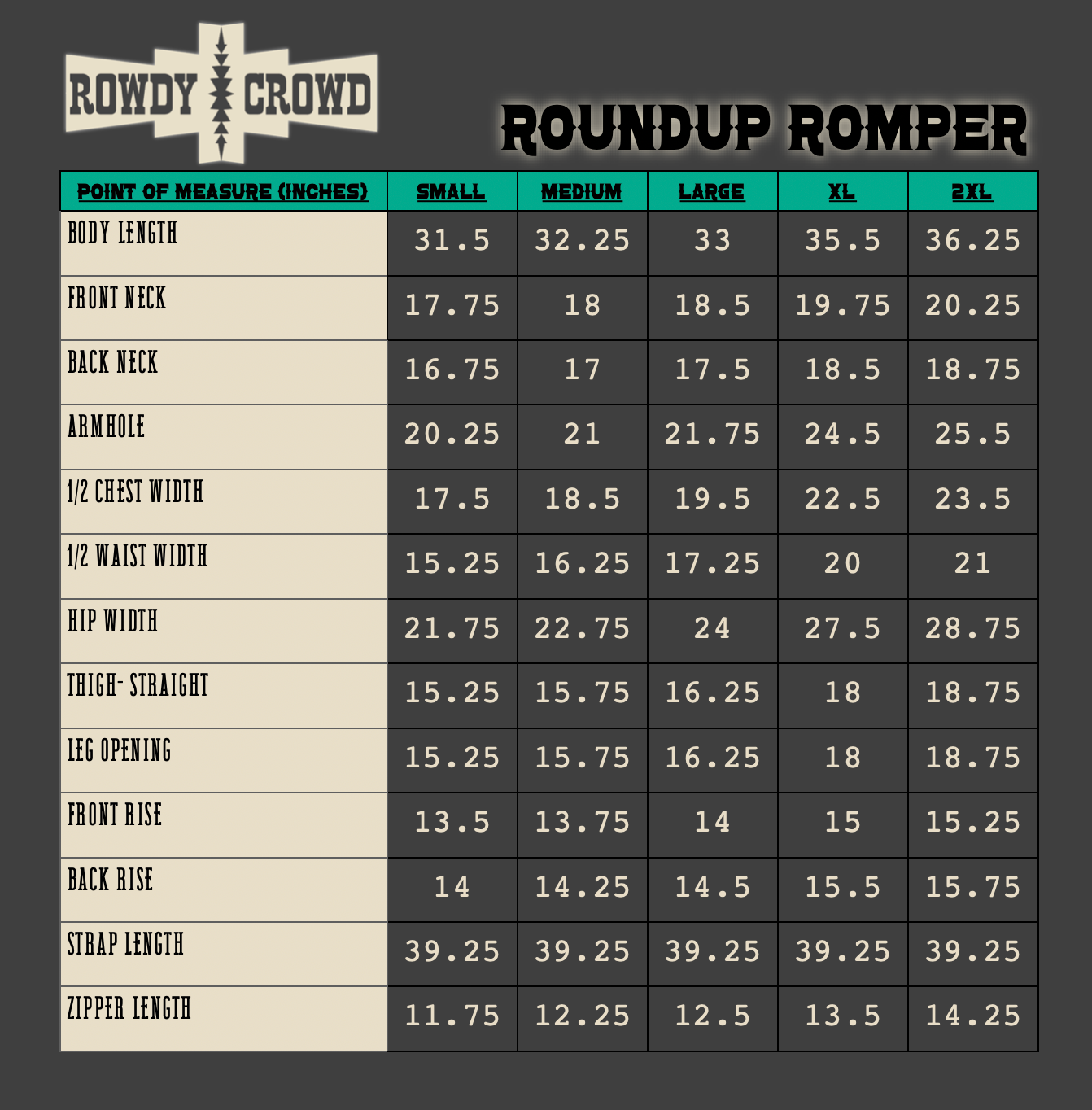Size chart for Rowdy Crowd Roundup Romper with measurements in inches.