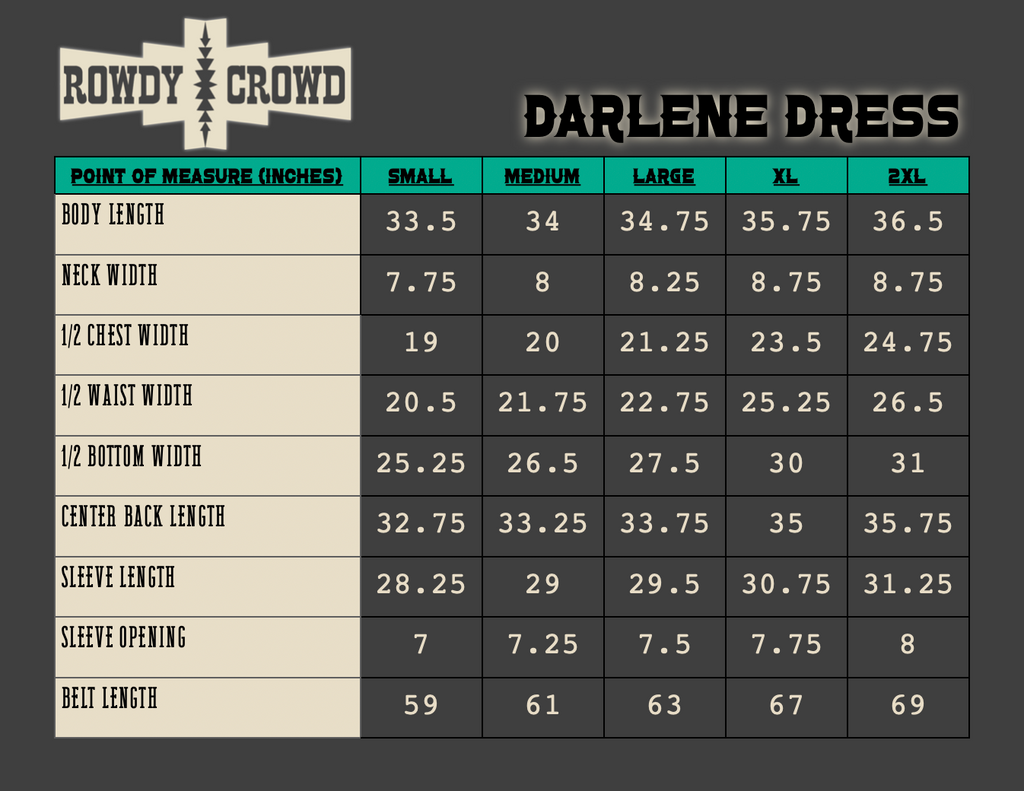 Size chart for Darlene Dress by Rowdy Crowd on a dark background