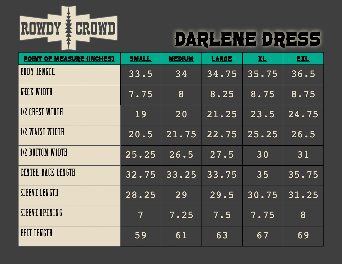 Size chart for Darlene Dress by Rowdy Crowd on a dark background