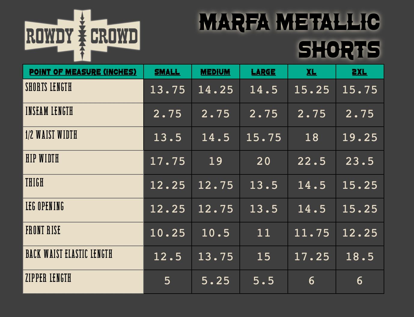 Size chart for Marfa Metallic Shorts by Rowdy Crowd on a dark background