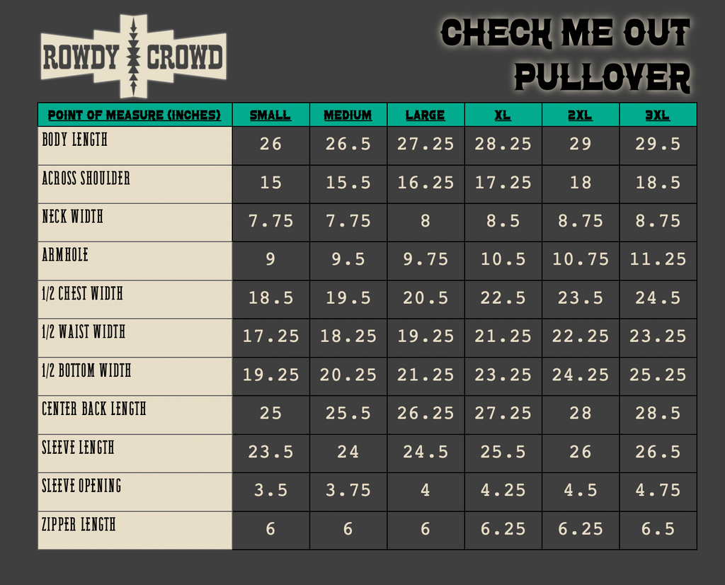 Measurement chart for a pullover with Rowdy Crowd branding