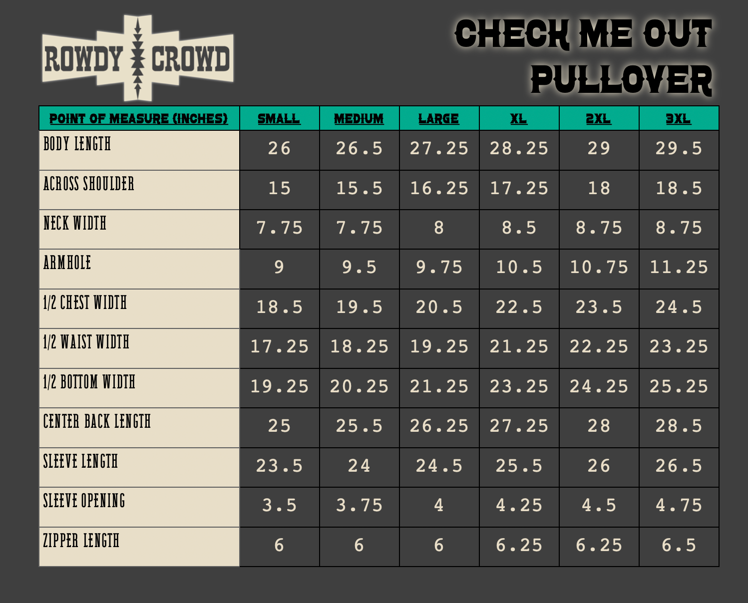 Measurement chart for a pullover with Rowdy Crowd branding