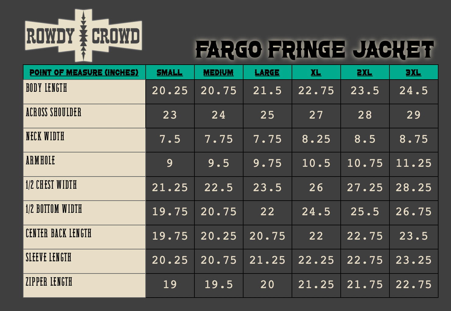 Size chart for Rowdy Crowe Fargo Fringe Jacket with measurements in inches.