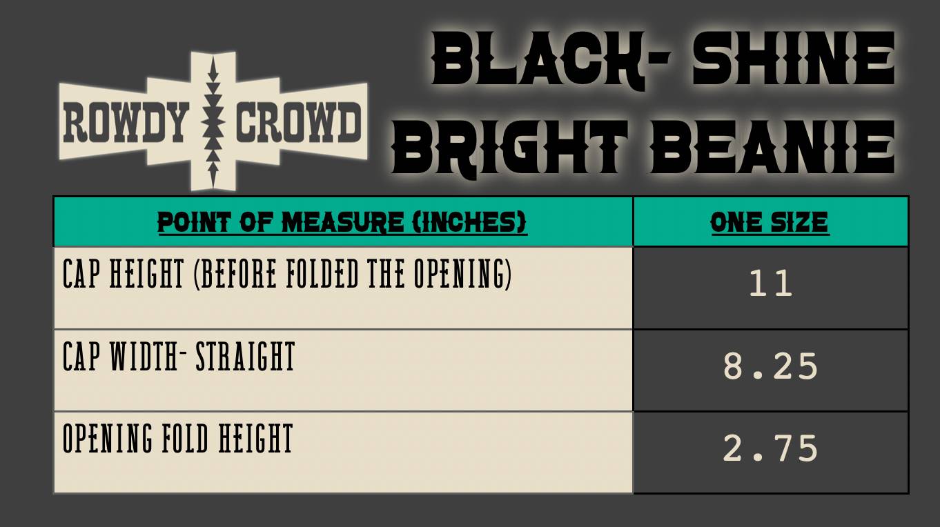 Measurement chart for a 'Black-Shine Bright Beanie' by Rowdy Crowd on a gray background.