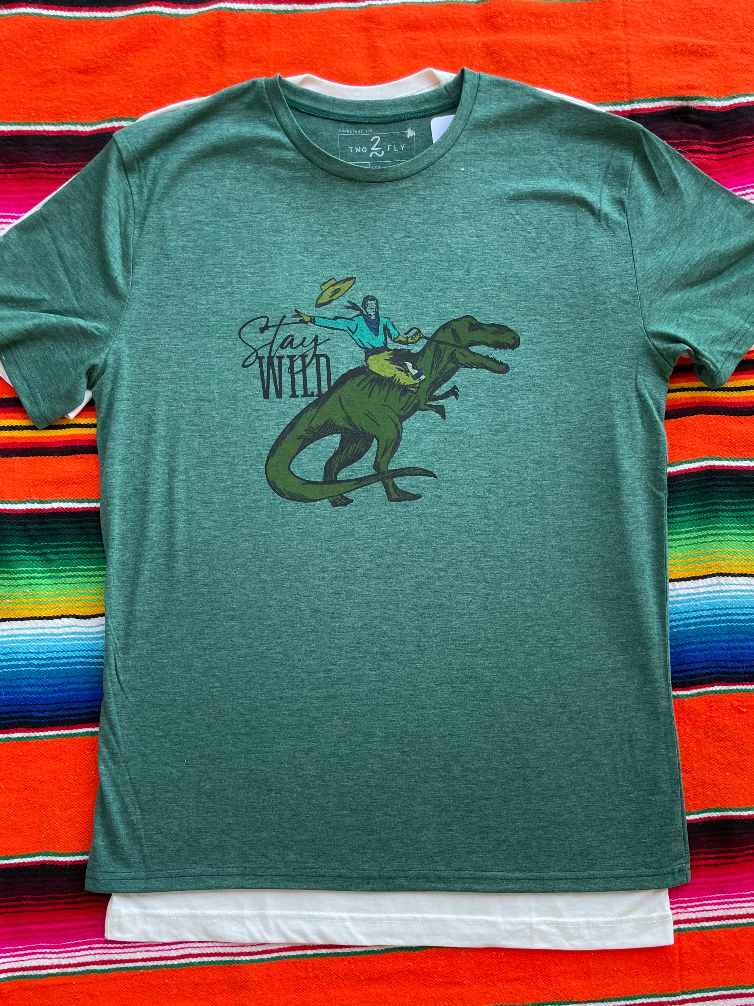 Green t-shirt with a dinosaur graphic and text on a colorful striped background