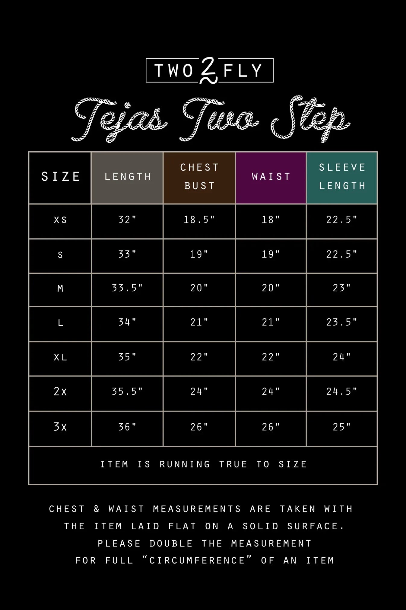 Size chart for 'Tejas Two Step' by TWO2FLY on a black background